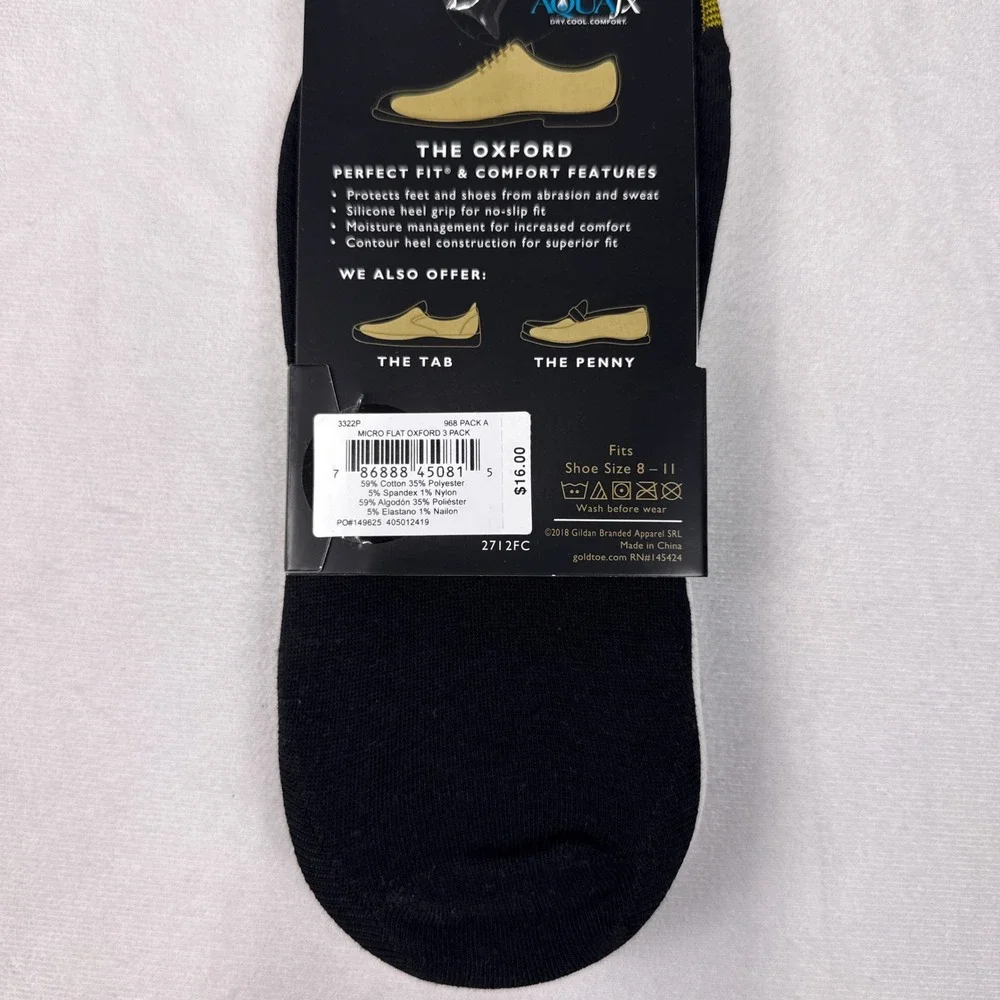 Goldtoe Mens Oxford No Show Socks 3 Pair Grey Black Shoe Size 8-11 Cotton Blend